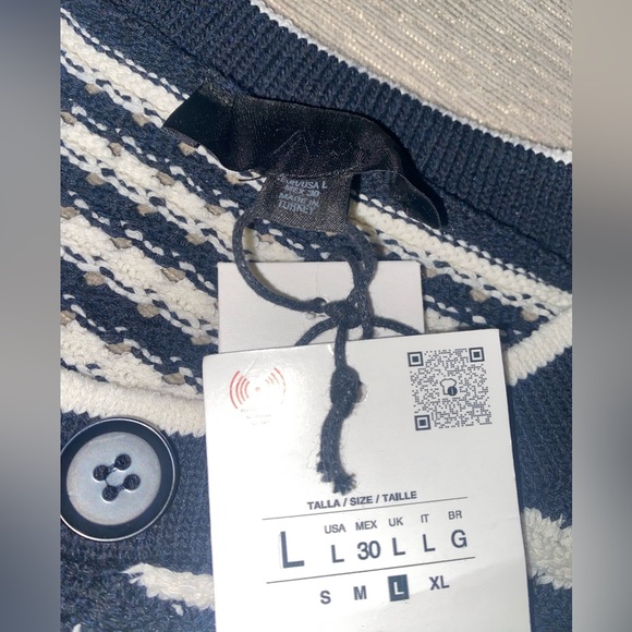 ZARA Navy and White Striped Ruffle Trim Cardigan Sweater - Size L - NEW - Picture 4 of 7